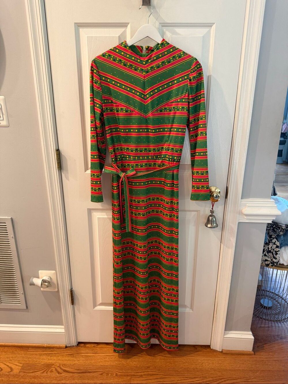 Kay Windsor Vintage Pink & Green Stripe & Dot Belted Maxi Dress sz L EUC